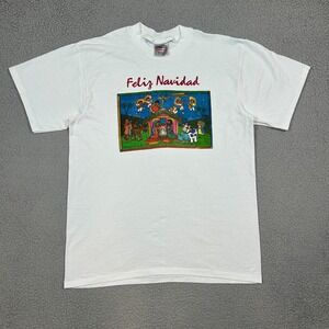 Vintage Feliz Navidad T Shirt White Graphic Print Mens XL Oneita Tag USA Made
